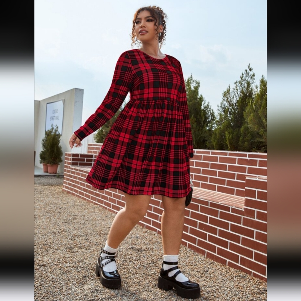 Qutie Plus Plaid Print A-line Dress, Plus Size 2X
